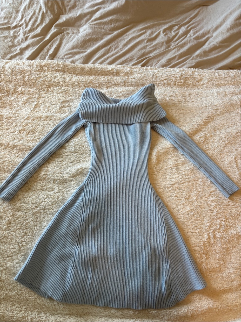 Fashion Nova Off-Shoulder Ribbed Knit Dress in Light Blue M